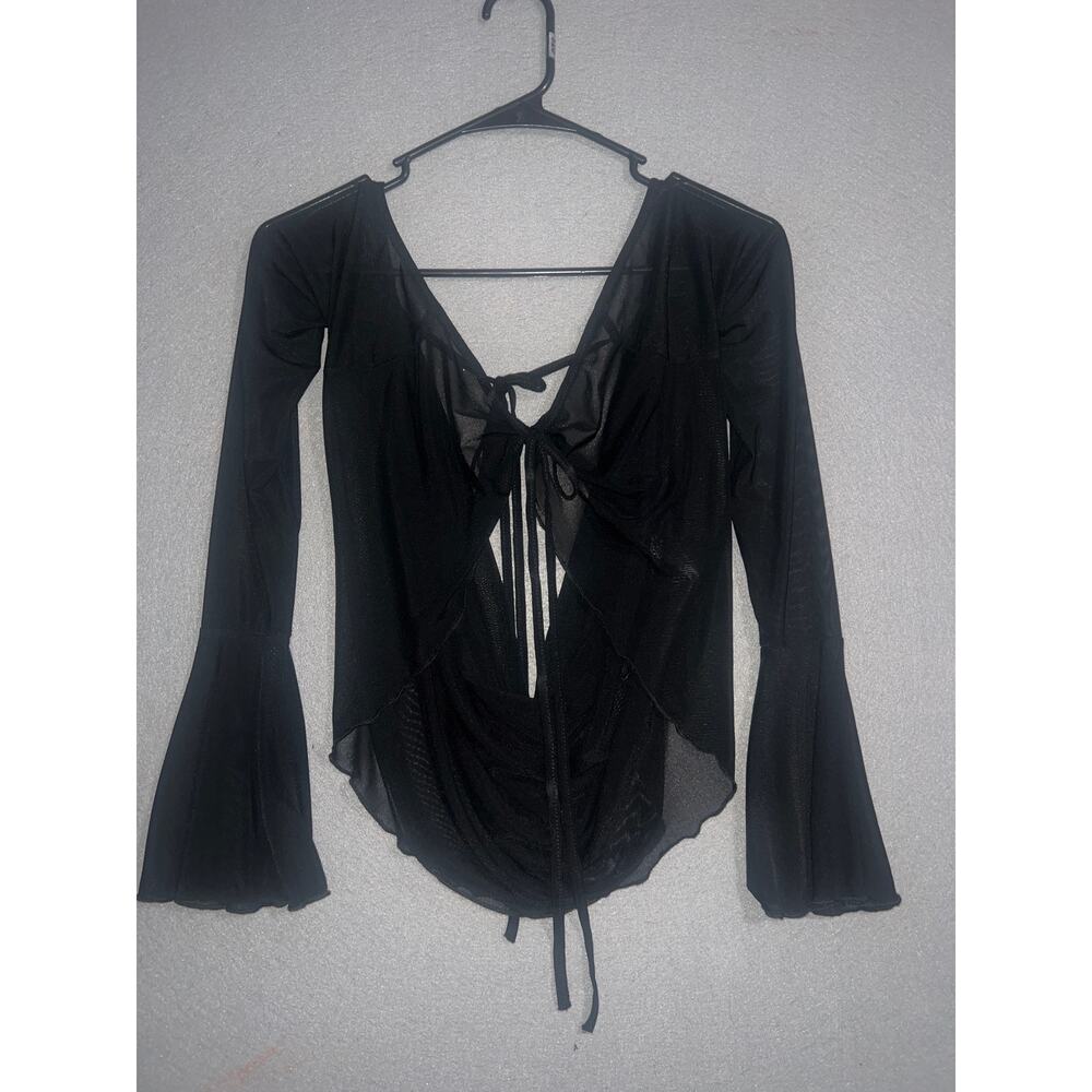 Musera Sheer Crop Top Womens XS Long Bell Sleeve Black Boho Festival